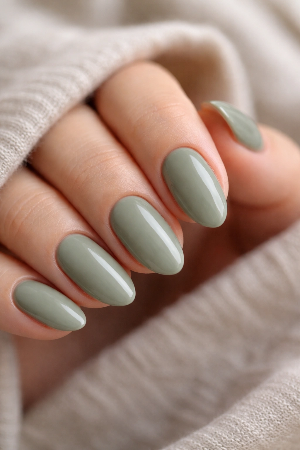 Close-up of short almond nails in muted sage green
