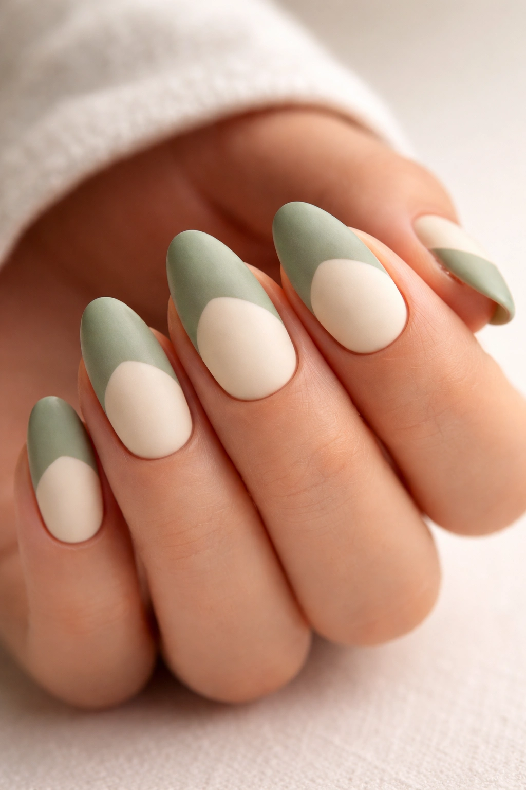 Short almond nails with sage tip and cream base color-block design