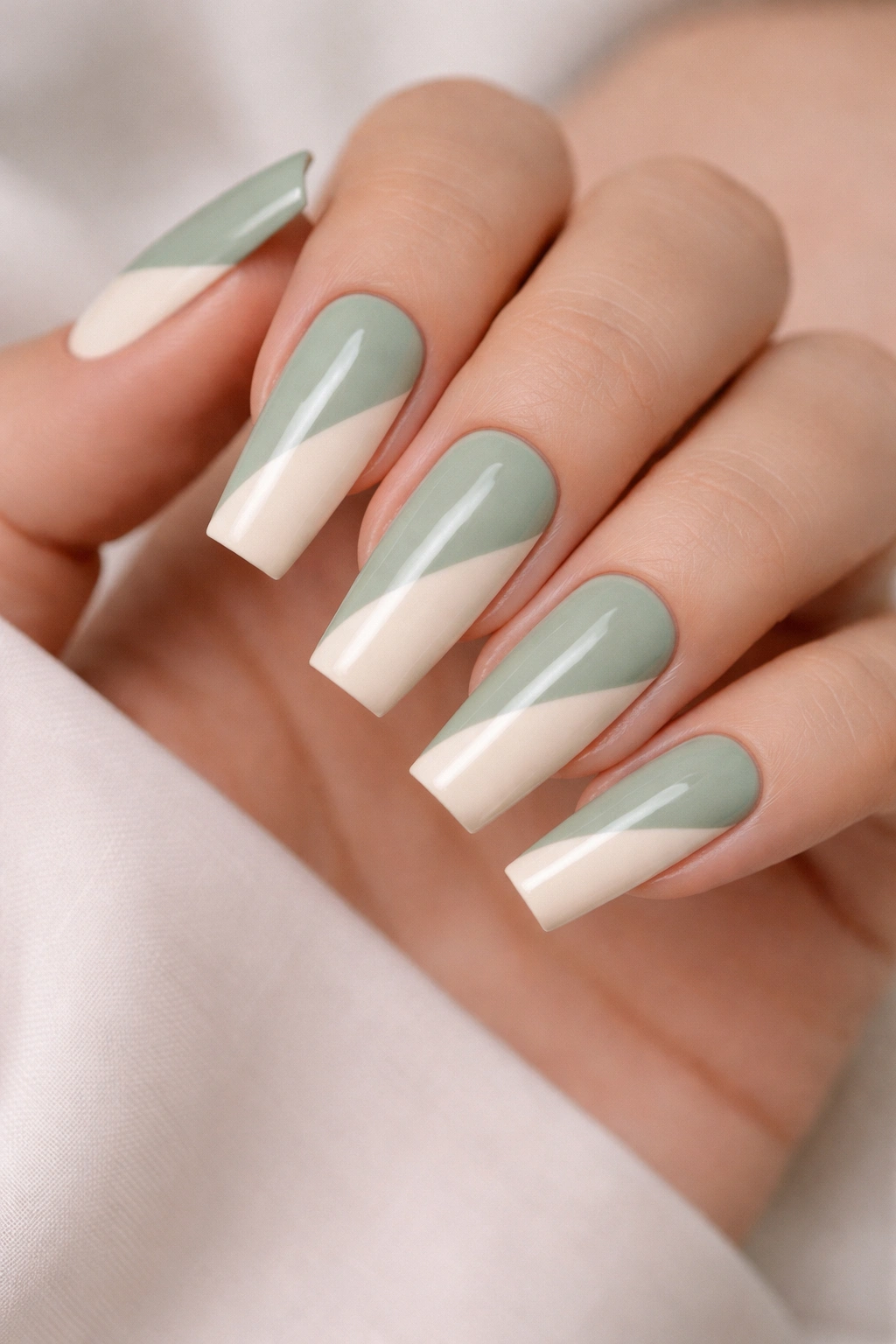 Sage green and cream diagonal color block nails on ballerina tips
