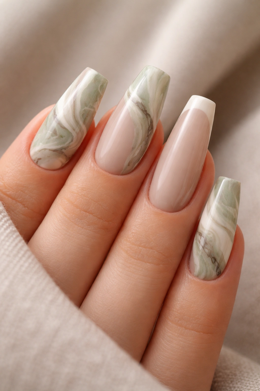Close-up of sage and cream marble nails on a ballerina manicure with subtle cream tips