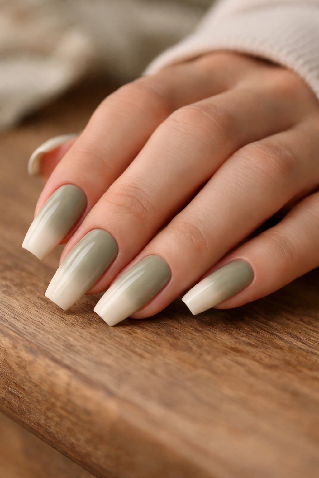 Close-up of sage green to cream ombre nails on medium coffin shape