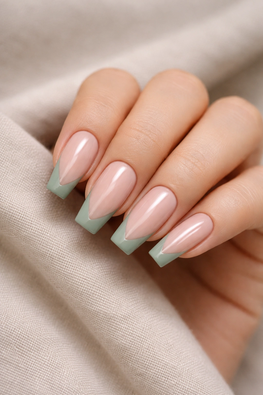 Sage French tips on ballerina nails with sheer pink base