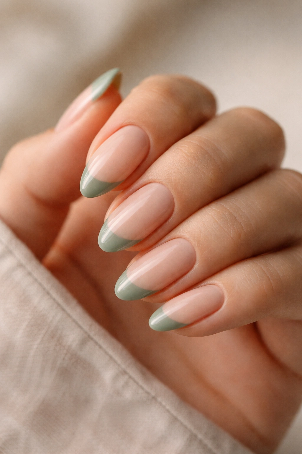 Close-up of short almond nails with sage green French tips on a sheer nude base