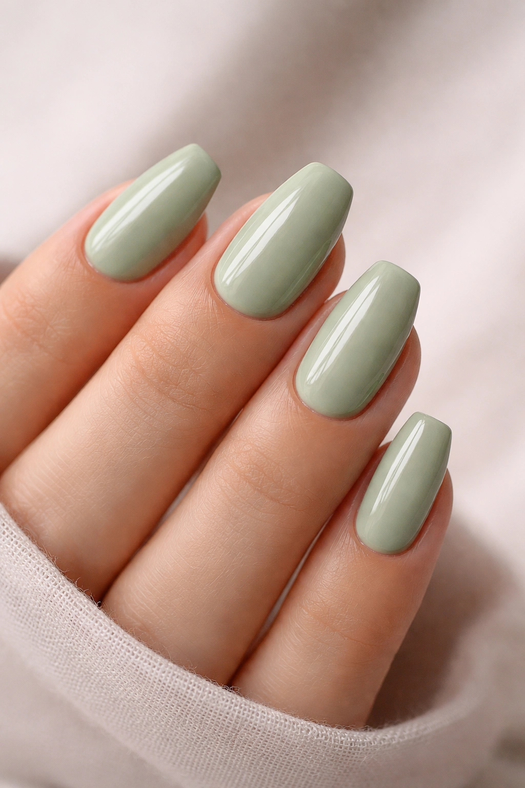 Close-up of short sage green cream nails on a ballerina shape with a creamy finish