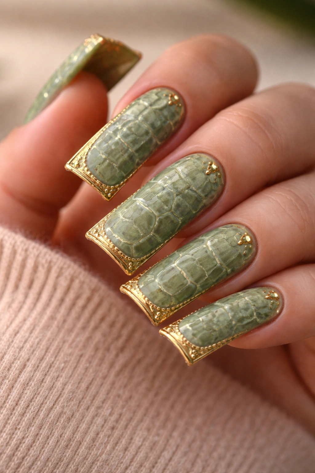 Sage green croc nails with subtle croc texture and soft gold detailing