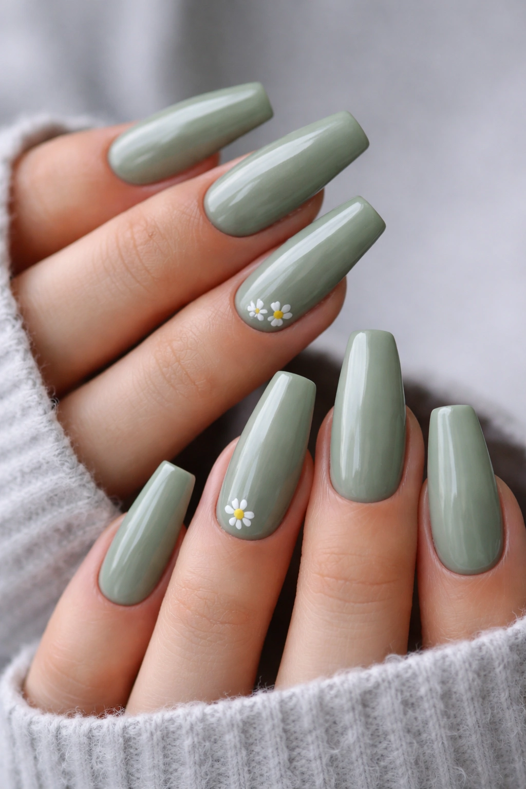 Sage green ballerina nails with tiny white daisies on accent nails