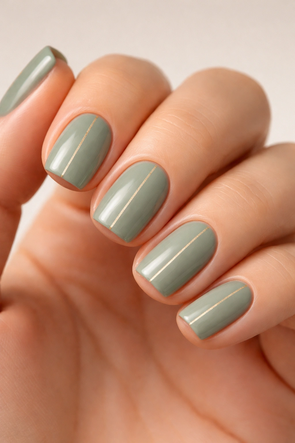 Sage green nails with a single fine center line on a short squoval shape