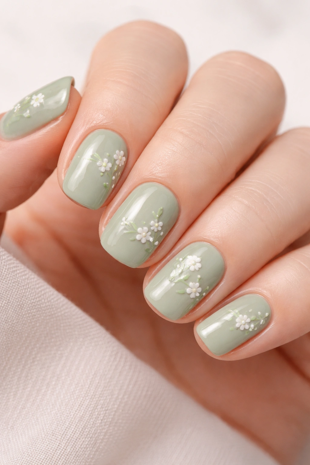 Close-up of sage green nails with tiny white floral detailing on short squoval nails