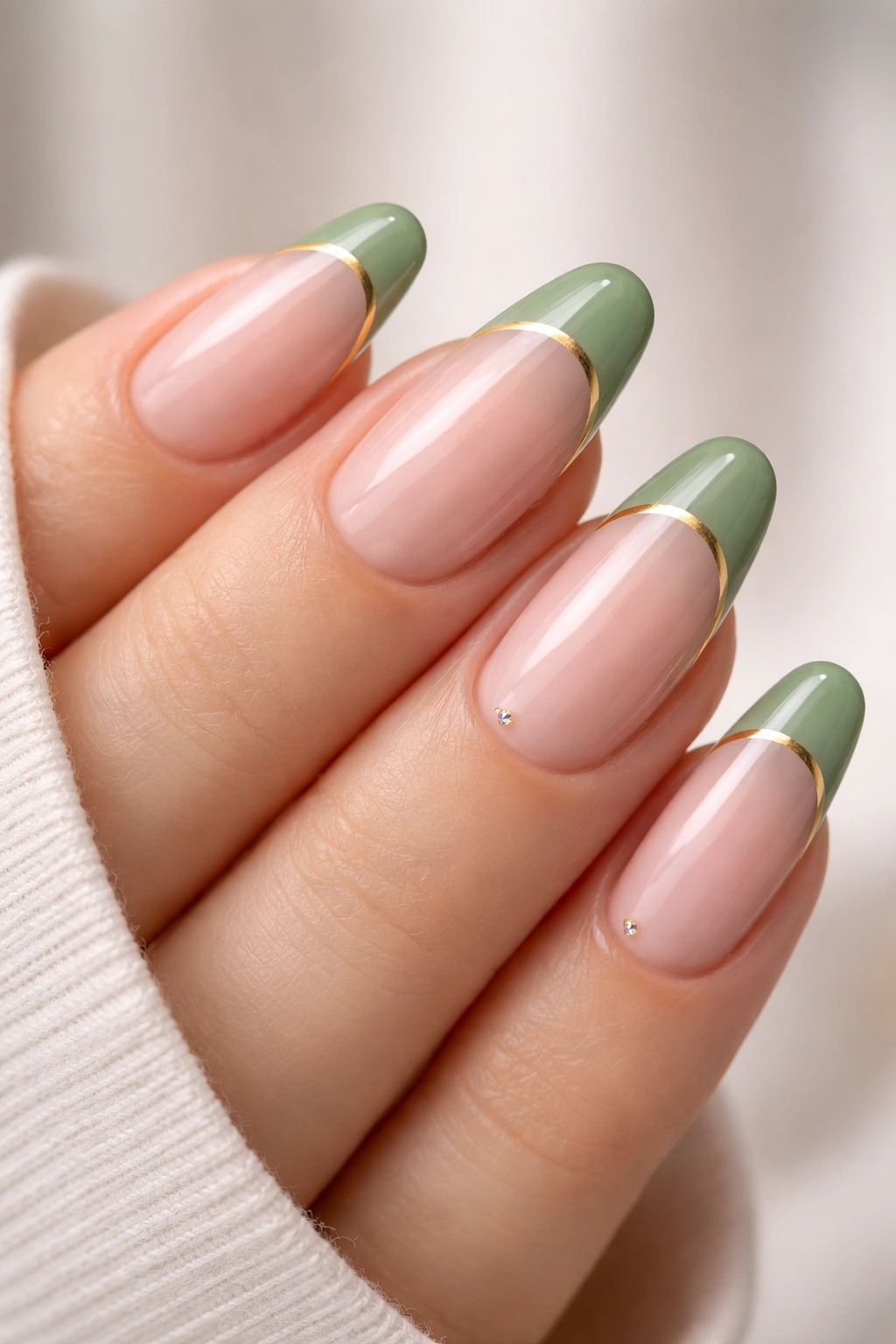 Sage green French tips on nude base, polished manicure close-up