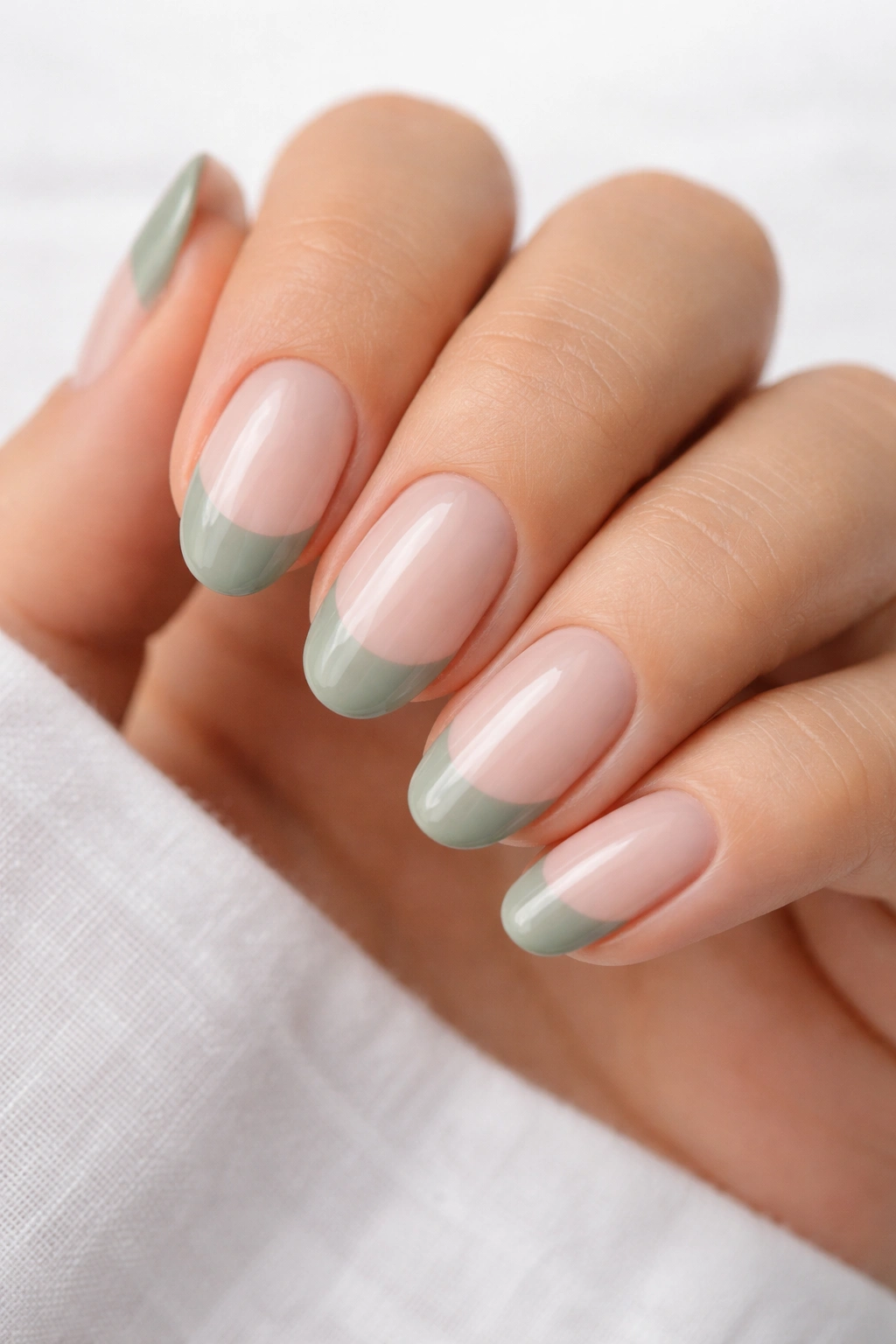 Close-up of short almond nails with sage green curved French tips on nude base