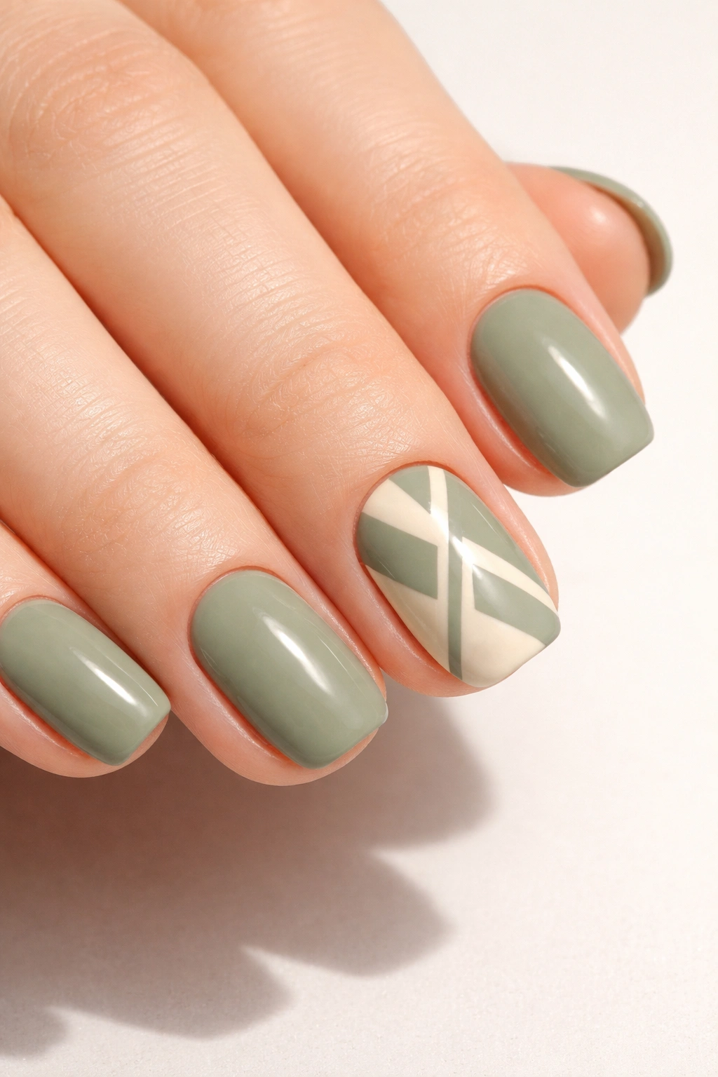 Sage green and cream geometric nail design on a short squoval accent nail