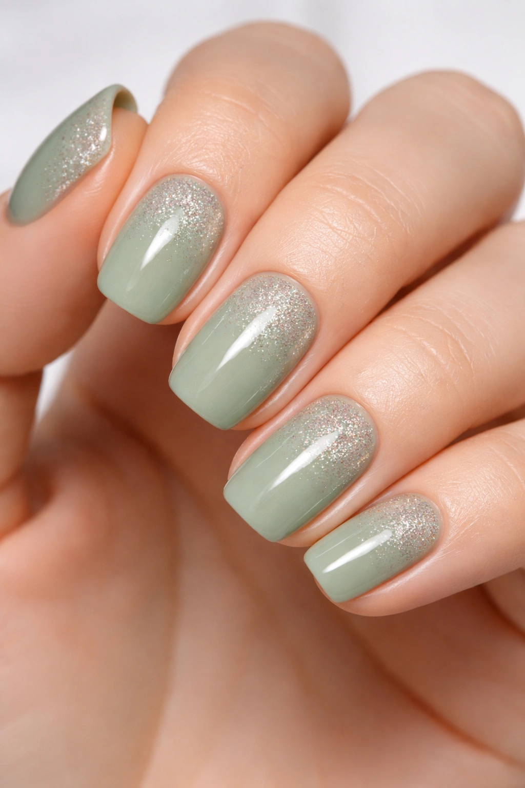 Close-up of sage green nails with a subtle glitter gradient at tips