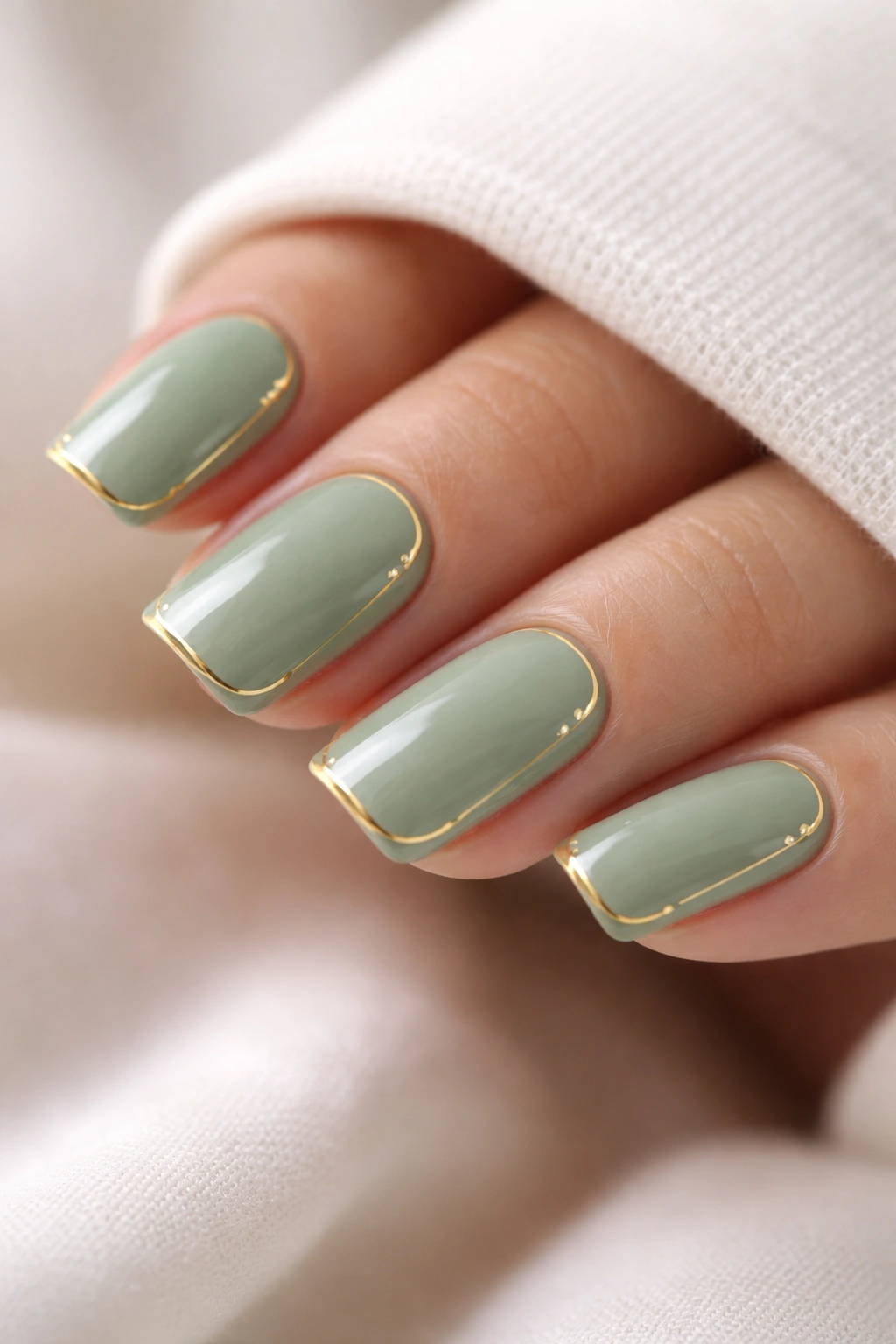 Close-up of short nails in sage green with gold accents around the cuticle