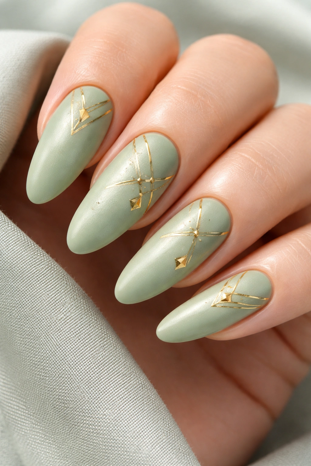 Sage green nails with gold geometric details