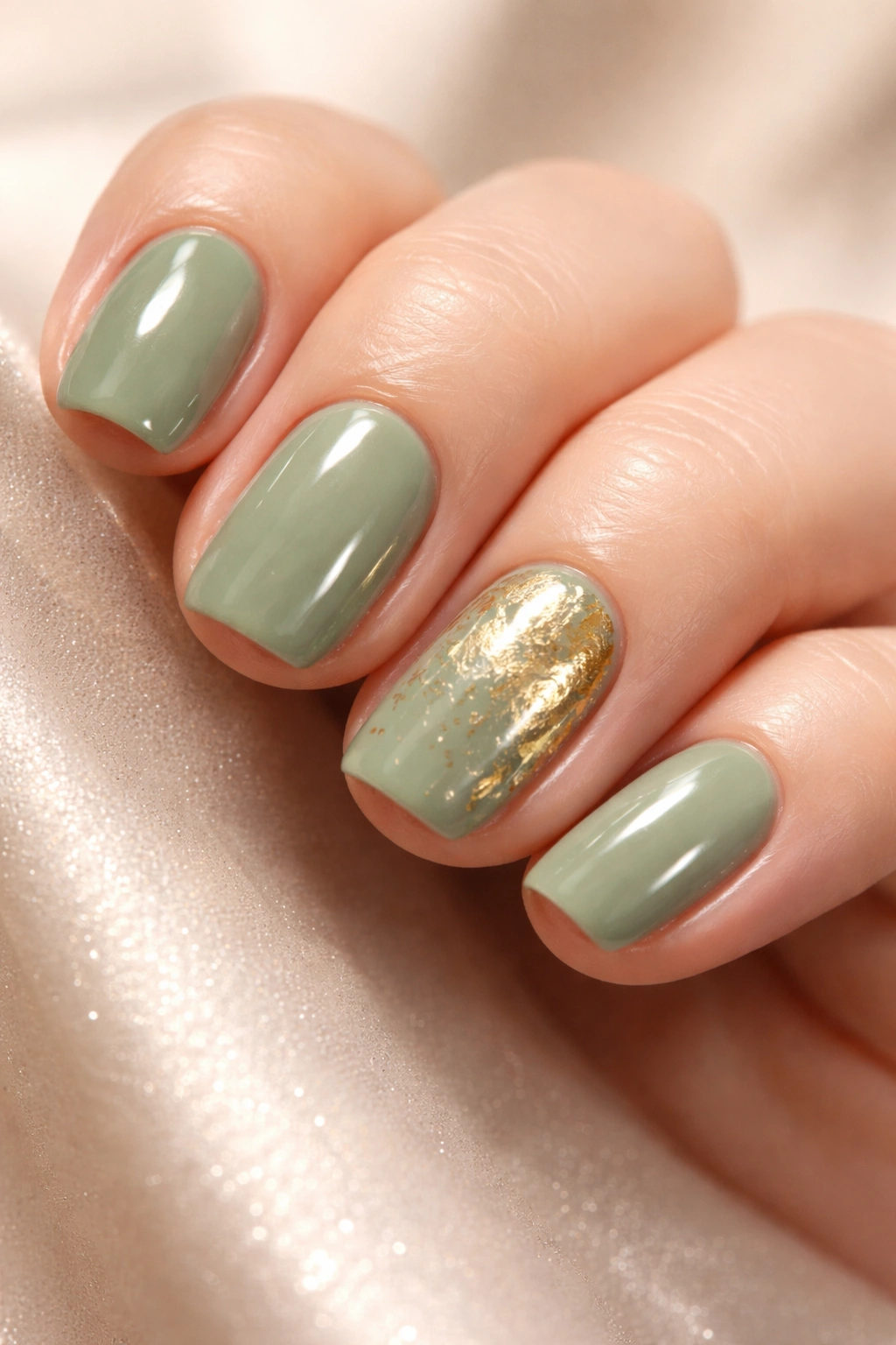Sage green nails with gold leaf accents on a short squoval manicure