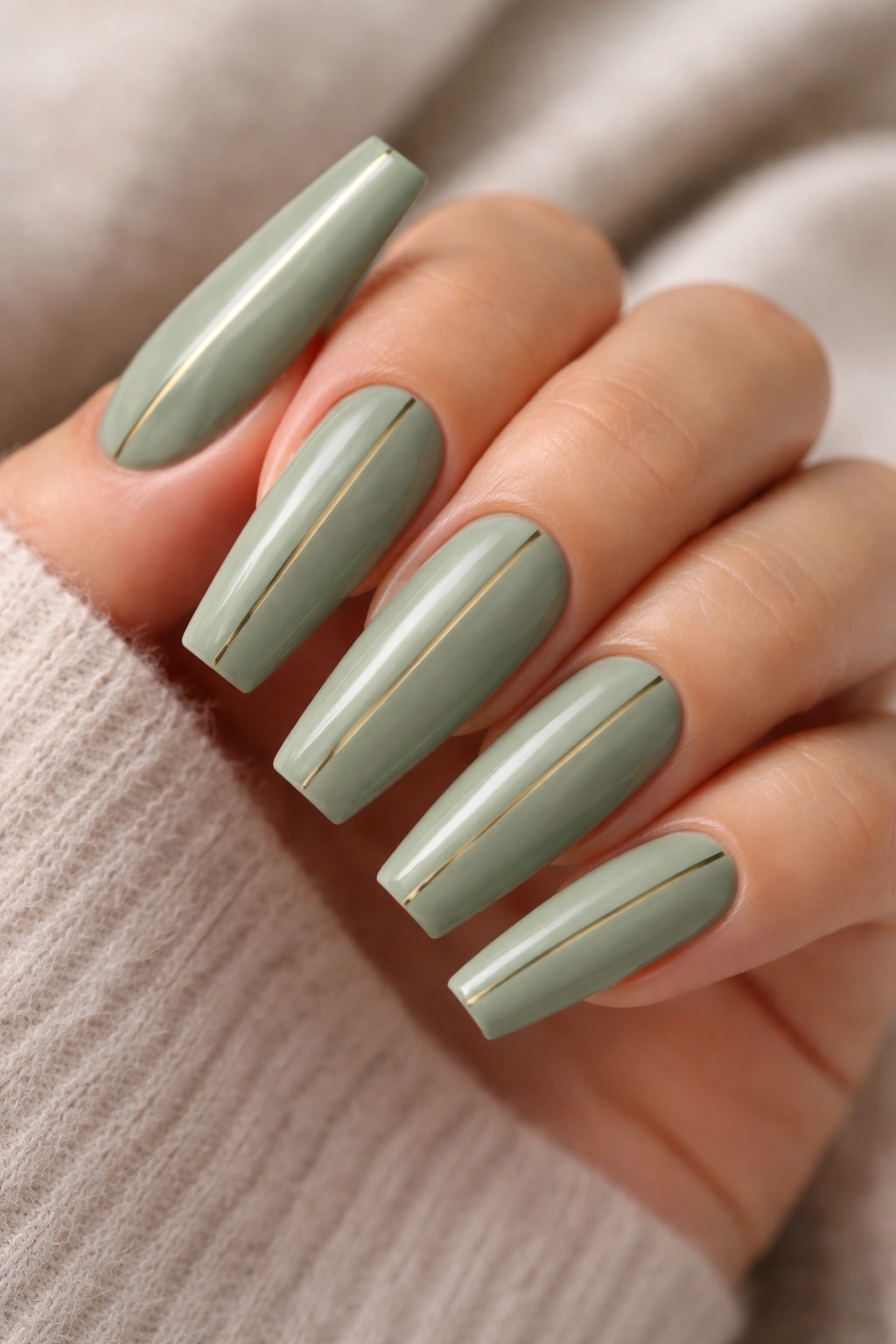 Sage green coffin nails with a single gold line accent