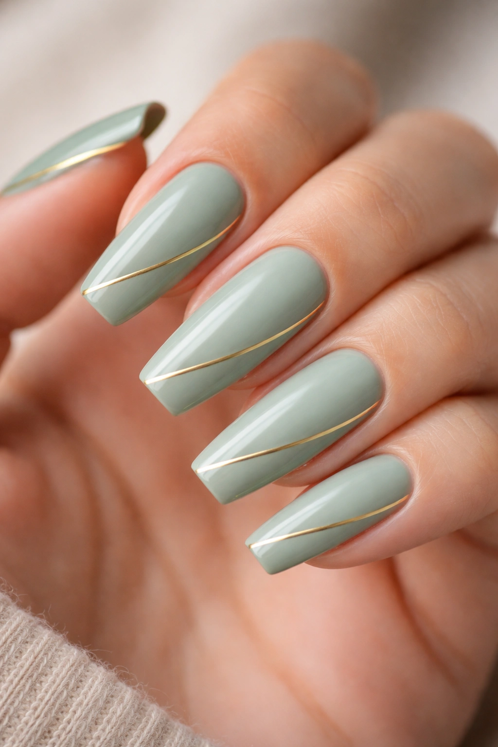 Sage green nails with a very thin gold line along the edge
