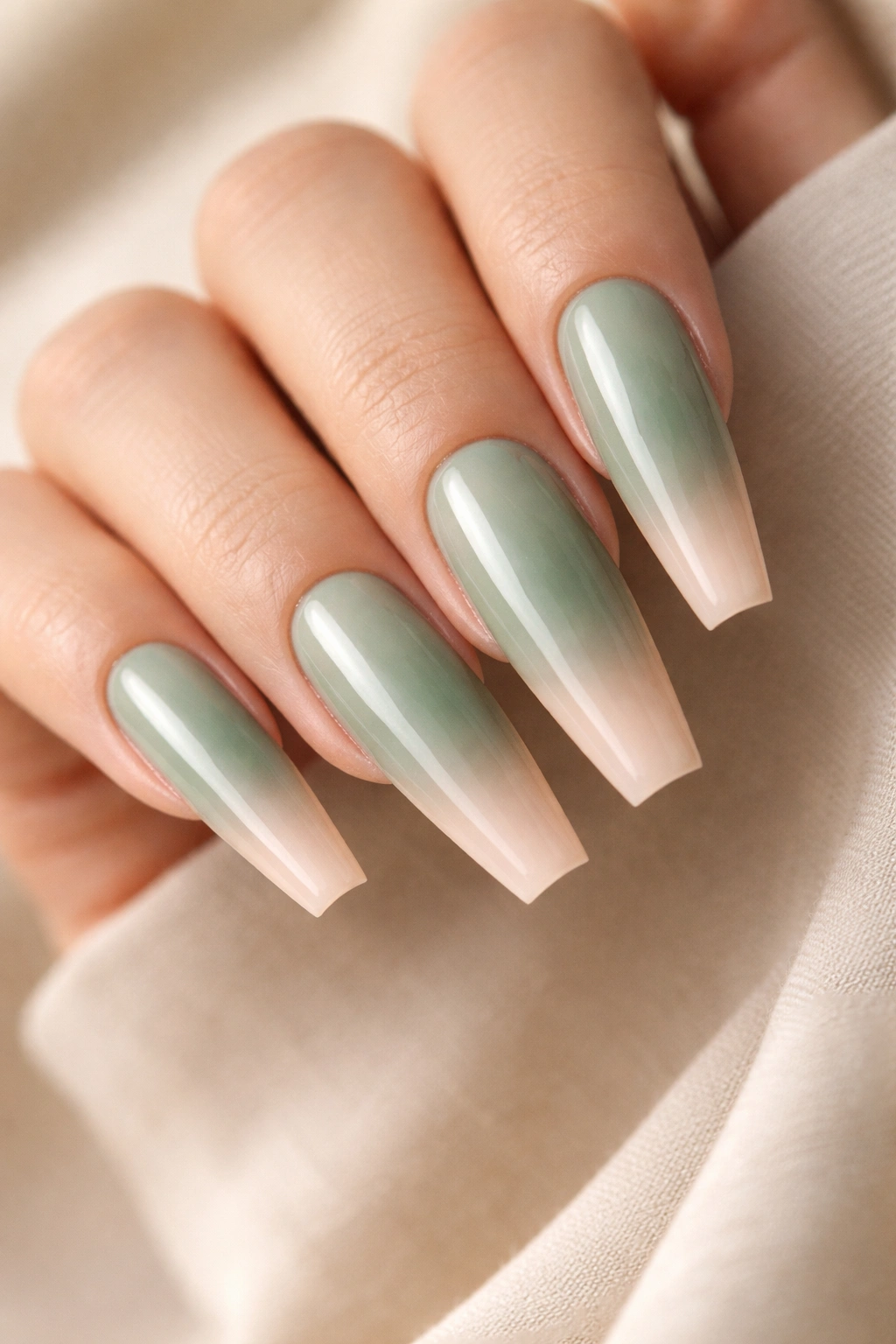 Close-up of sage-green long coffin nails with gradient to nude tips
