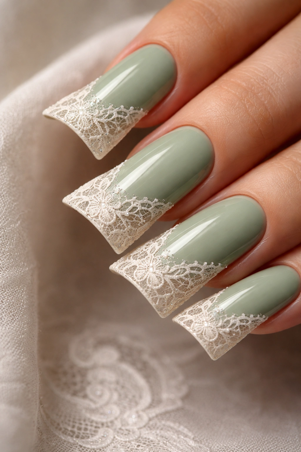 Duck nail in sage green with ivory lace detailing on the wide tip