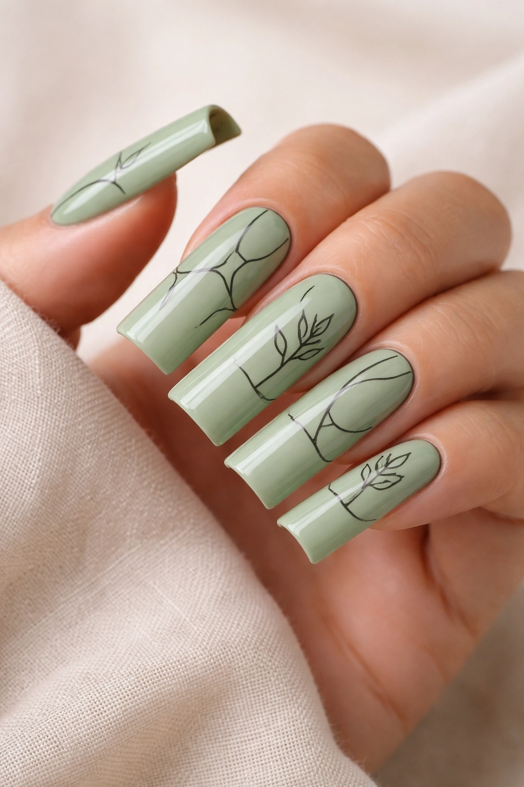 Sage green nails with minimalist black line art on long curved duck nails