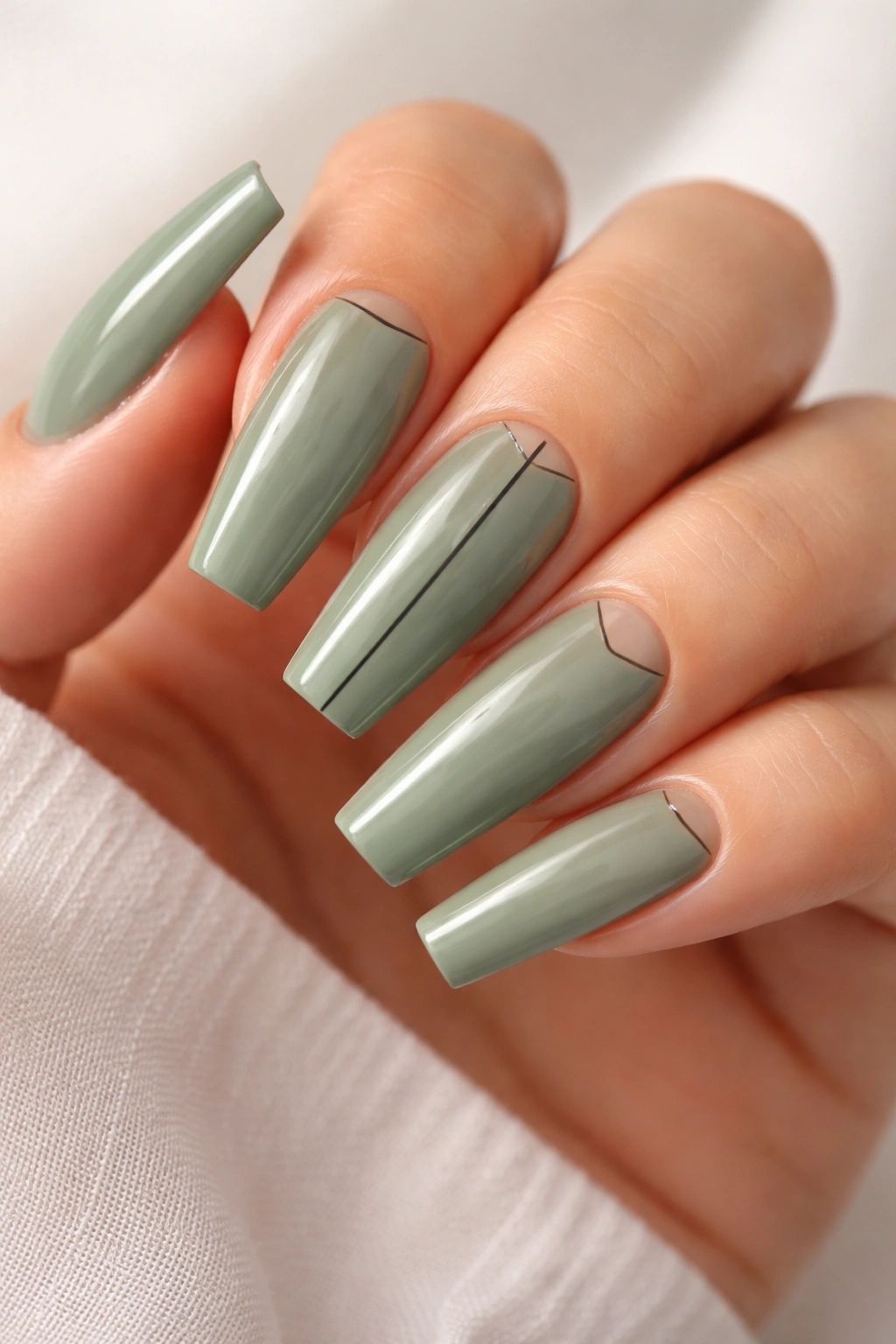 Close-up of sage-green coffin nails with minimalist black line art