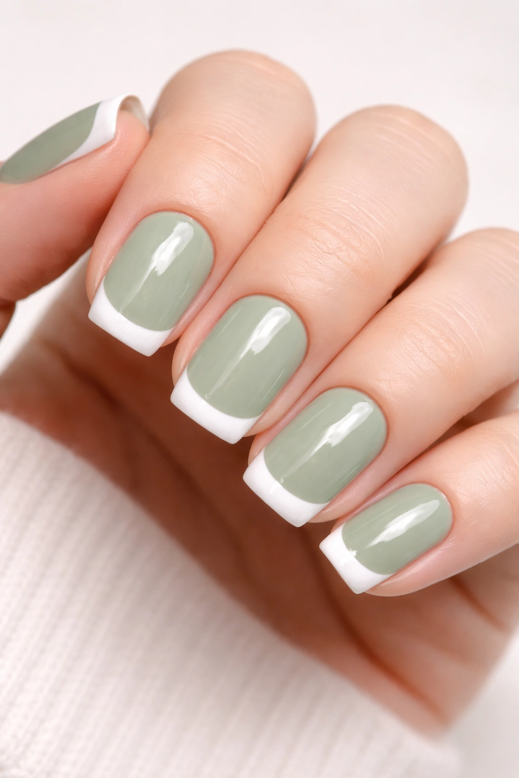 Close-up of nails with sage green base and white French tips on short squoval nails