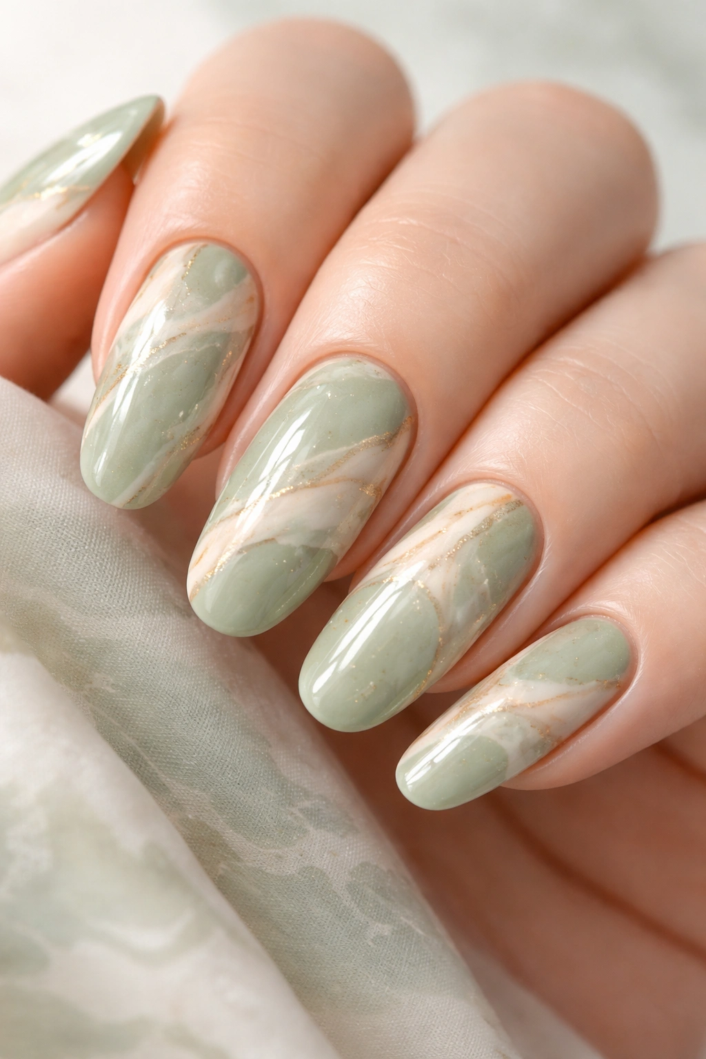 Sage green and cream marble nails on long round nails, soft refined palette