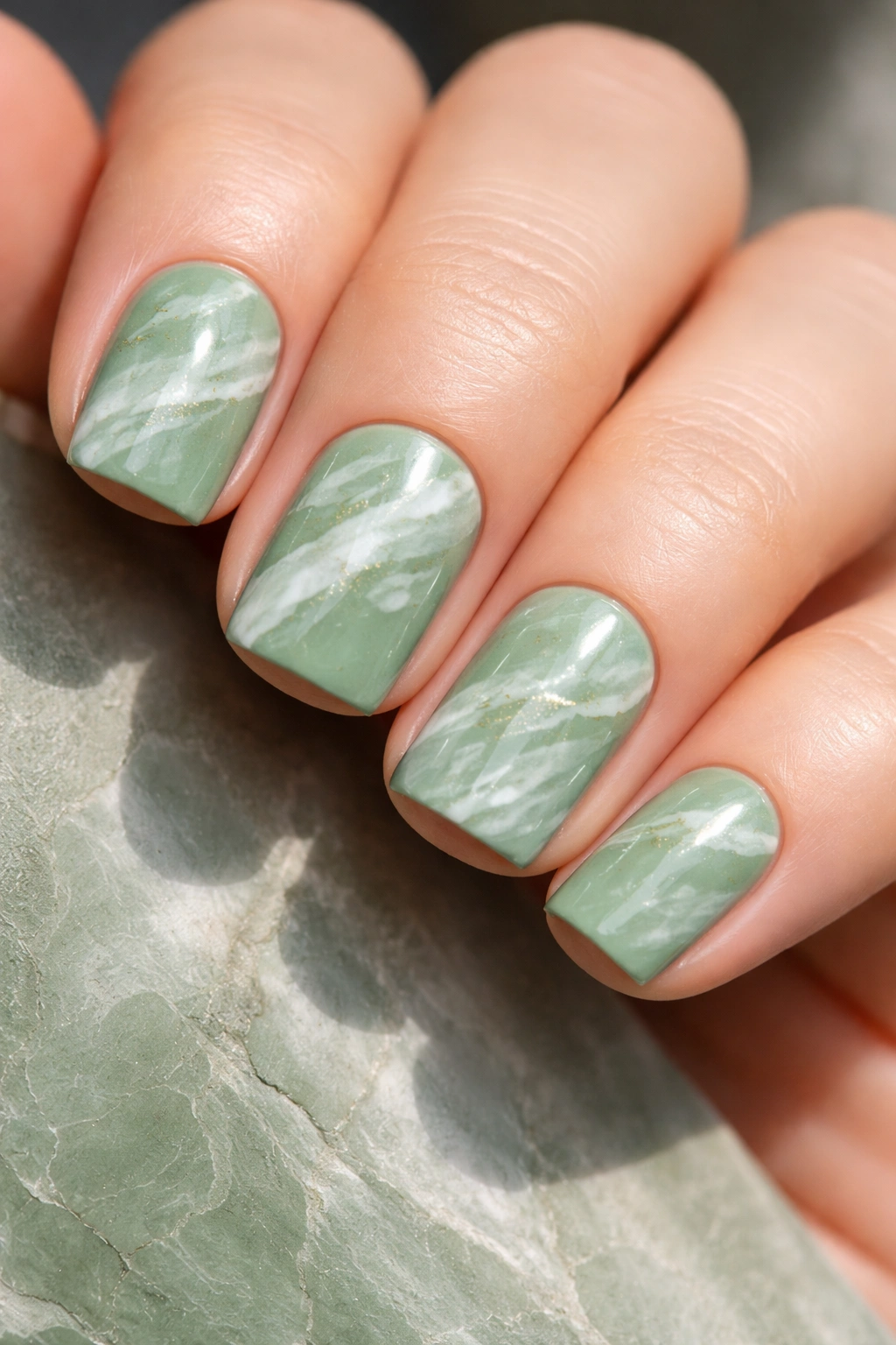 Sage green marble nails on short squoval shape with white marble texture