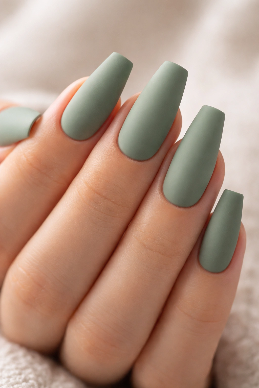 Close-up of sage green matte ballerina nails on neatly manicured fingertips.