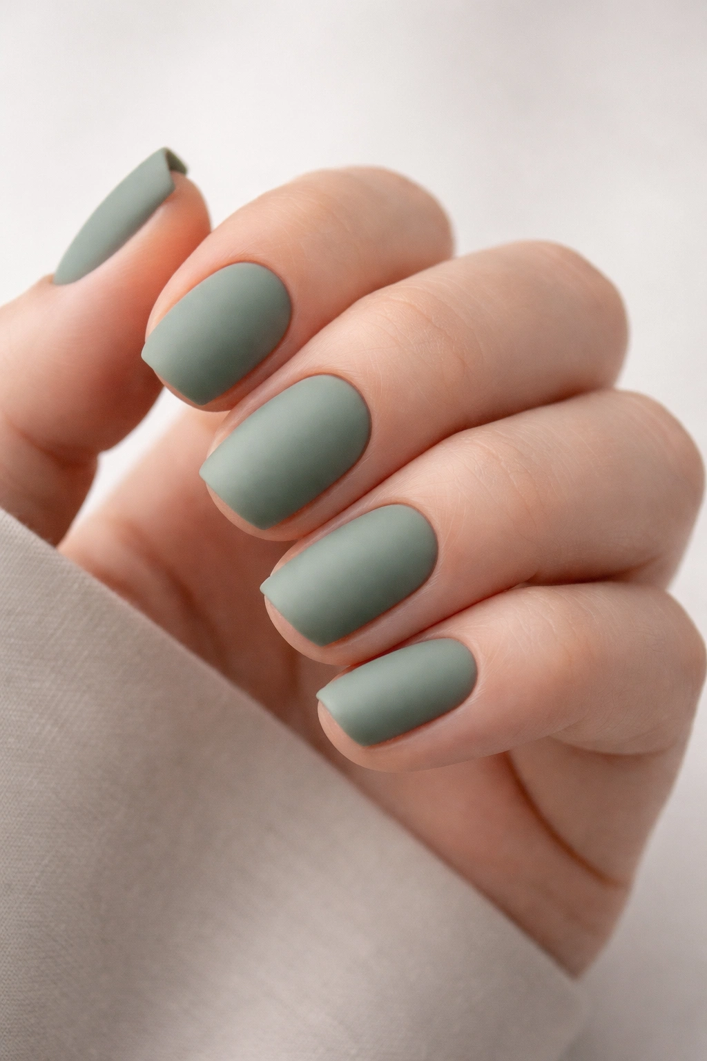 Close-up of muted sage green matte nails on short squoval nails