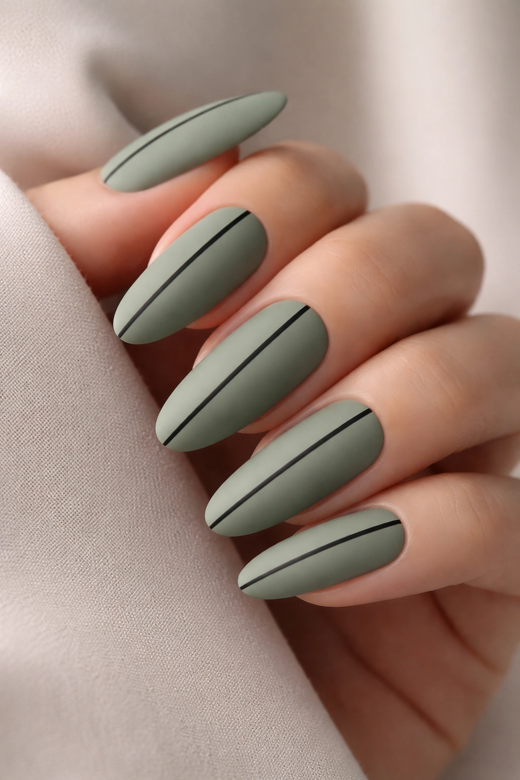 Close-up of long oval nails in sage green matte with black striping