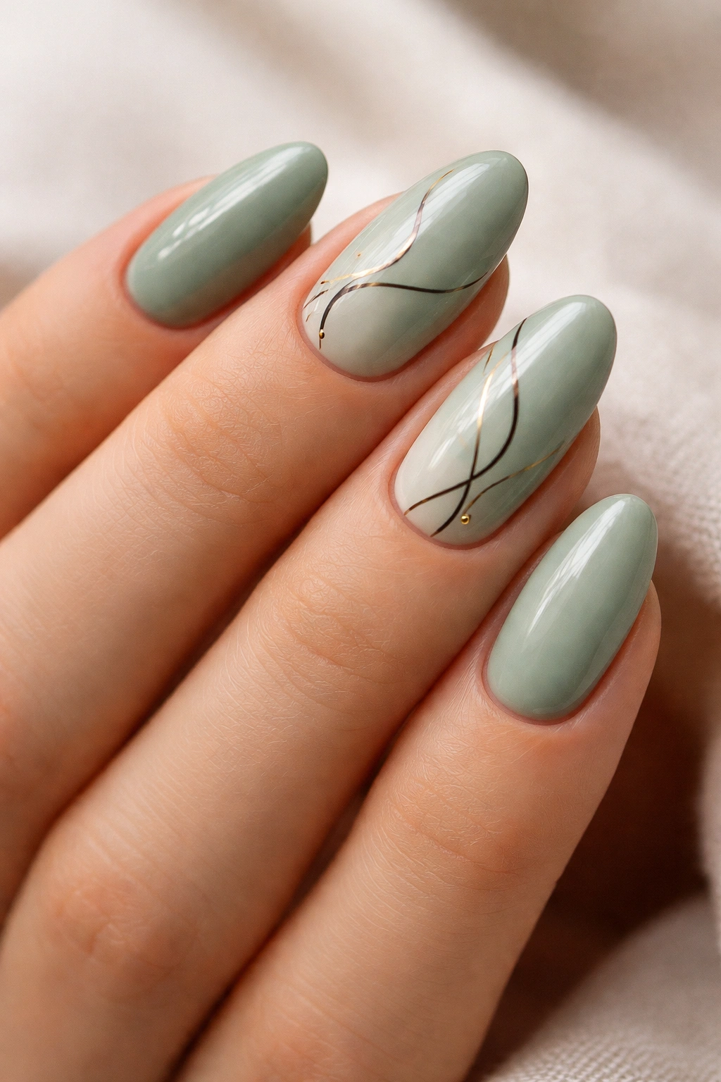 Close-up of sage green nails with abstract line art on accent nails