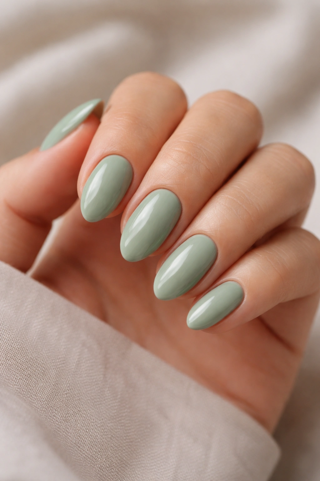 Close-up of solid sage green short almond nails with glossy finish