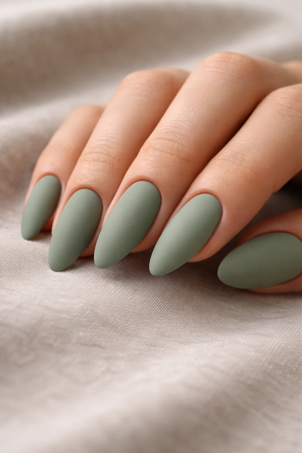 Sage green almond nails with matte finish on light background
