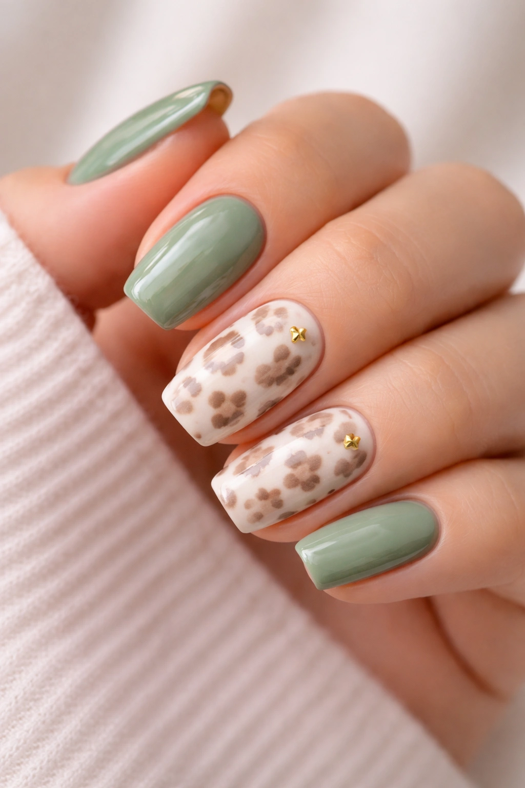 Close-up of sage green nails with muted animal print accents and gold stars