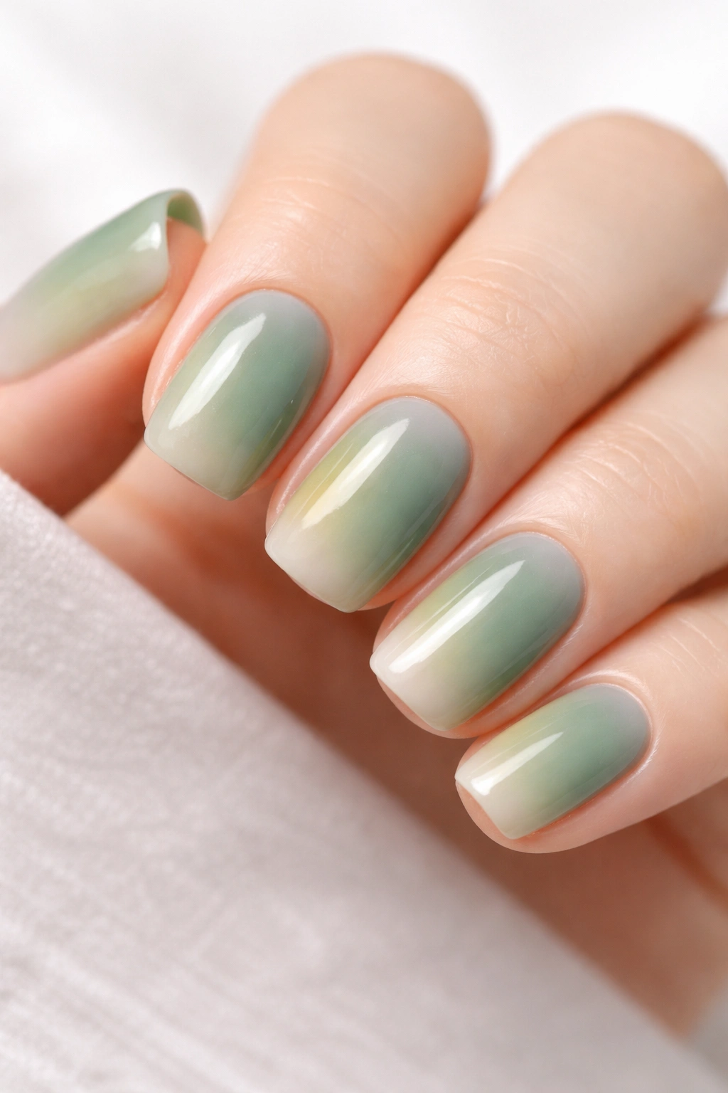Close-up of sage green short squoval nails with diffuse aura shimmer