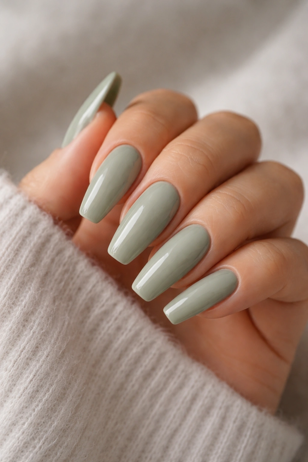 Close-up of muted sage green ballerina nails with crisp tapered tips and grey undertone