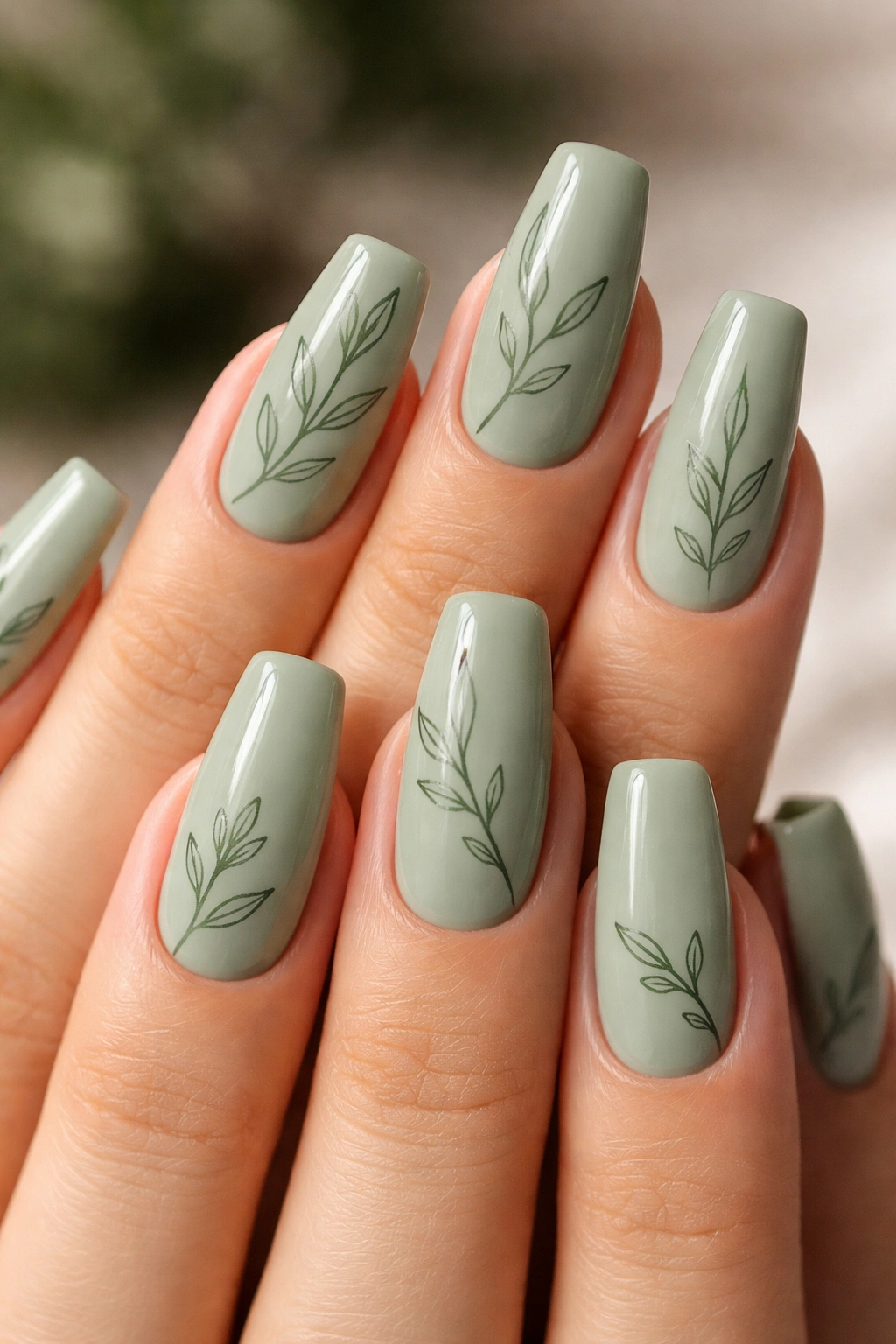 Close-up of sage green coffin nails with minimalist botanical line drawings