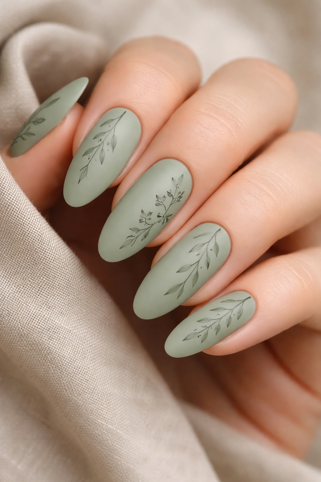 Sage green nails with delicate botanical line art on long oval shape