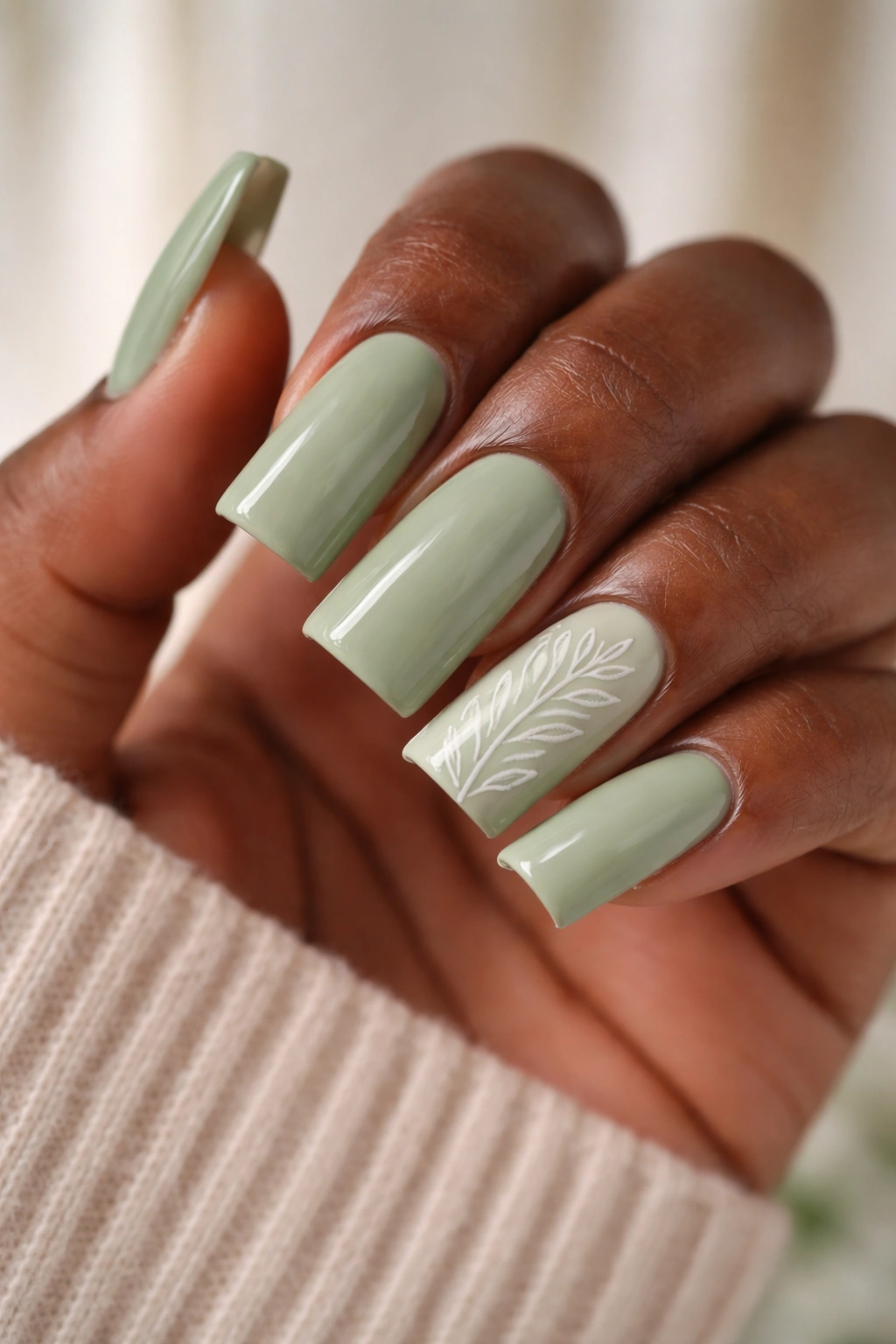 Close-up of dark-skinned hand with sage green nails and fine botanical line art on one nail