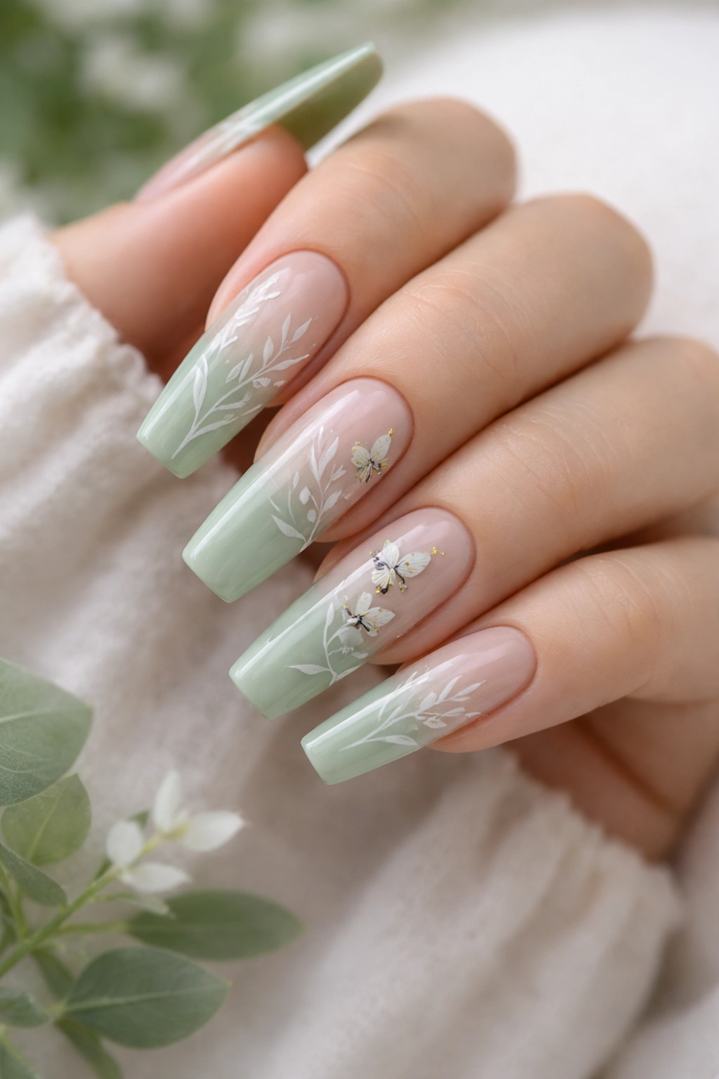 Sage green nails with botanical butterfly line art