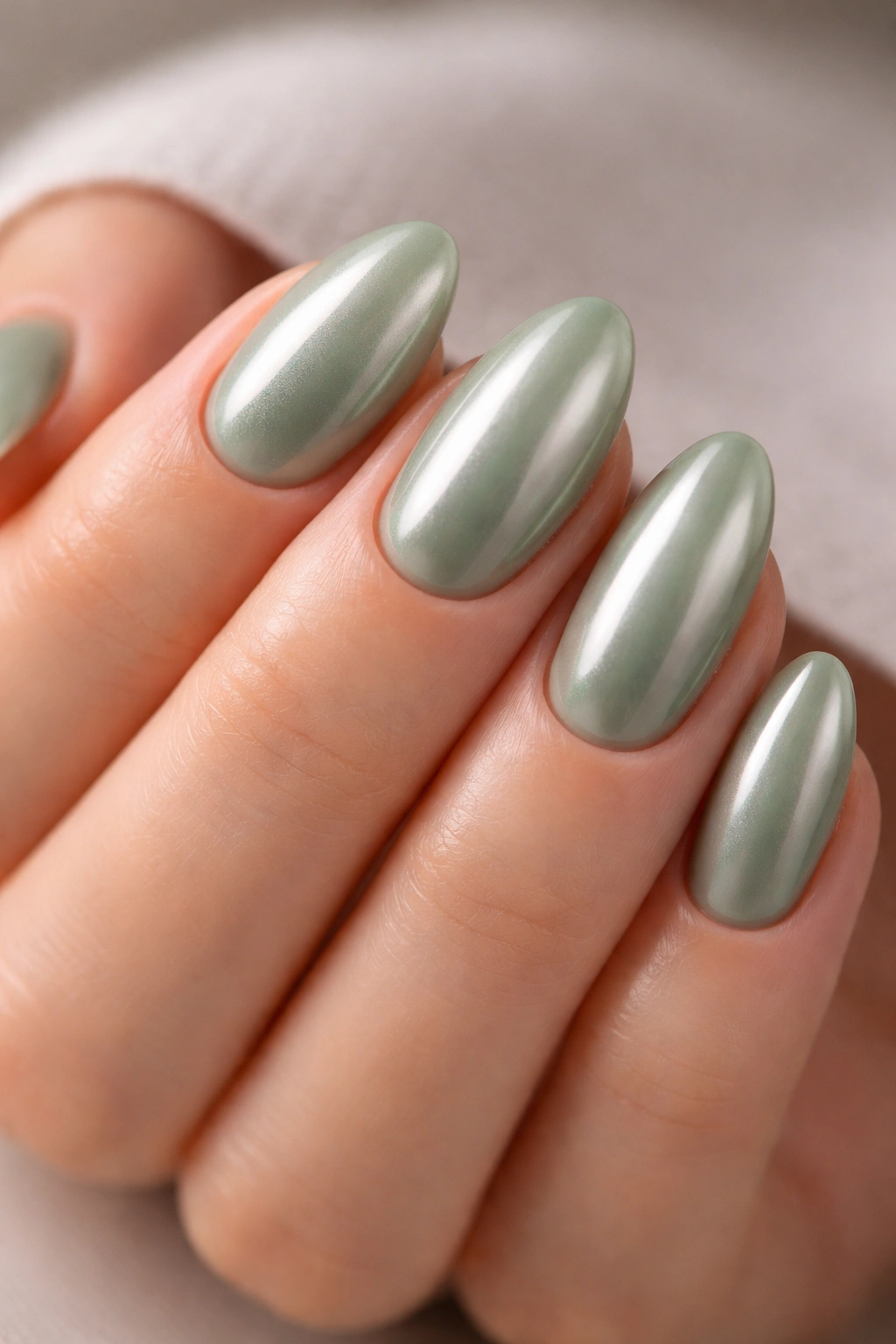 Close-up of short sage green almond nails with a chrome-tinted glaze