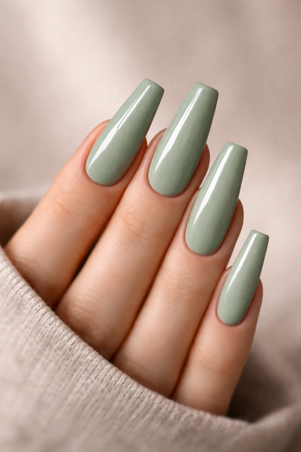 Close-up of long coffin nails painted soft sage green with a glossy finish