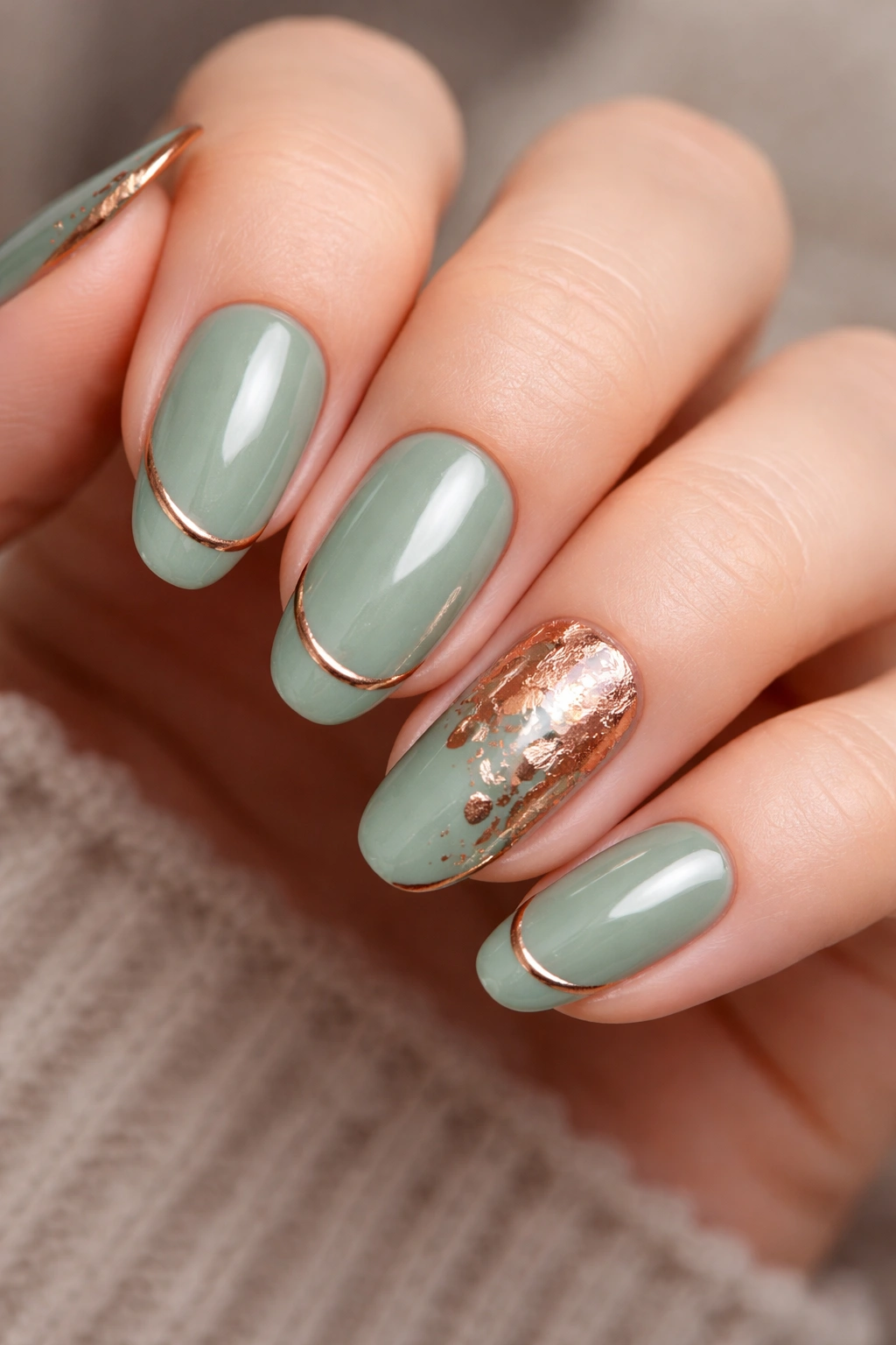 Sage green nails with copper lines and foil accents on a neutral base