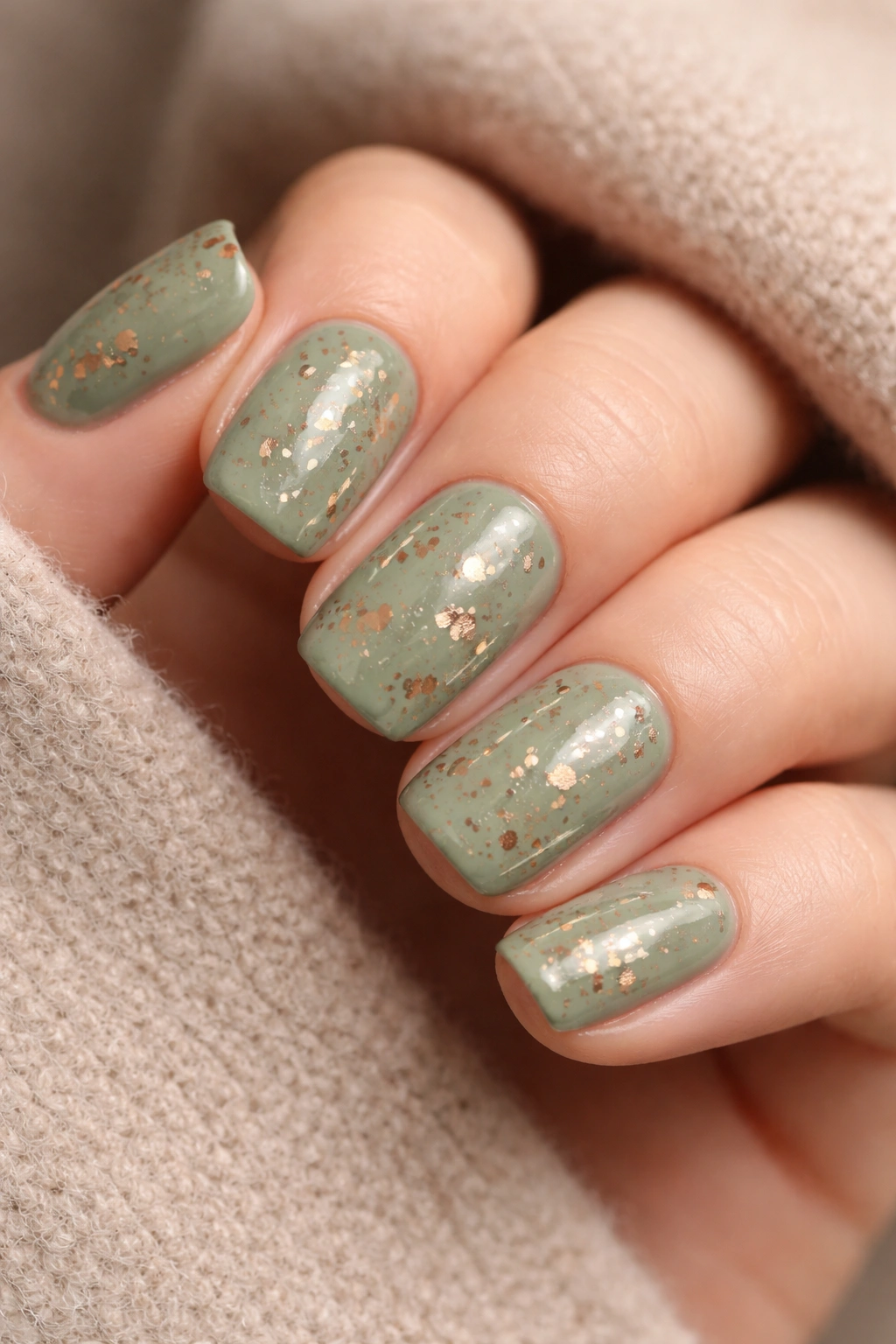 Sage green nails with copper flakes on short squoval shape
