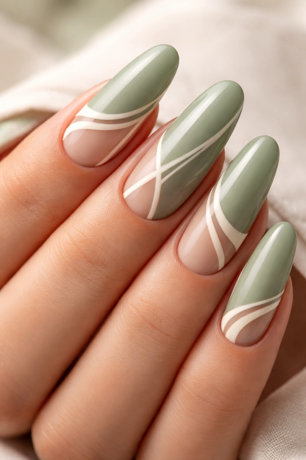 Close-up of sage green nails with cream lines and negative-space details