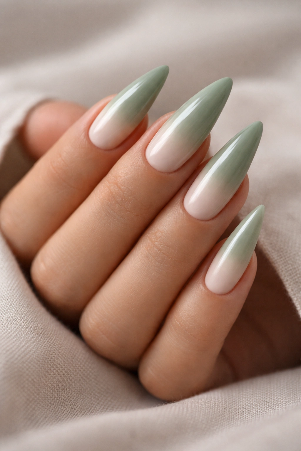 Close-up of sage green stiletto nails with cream ombre fade