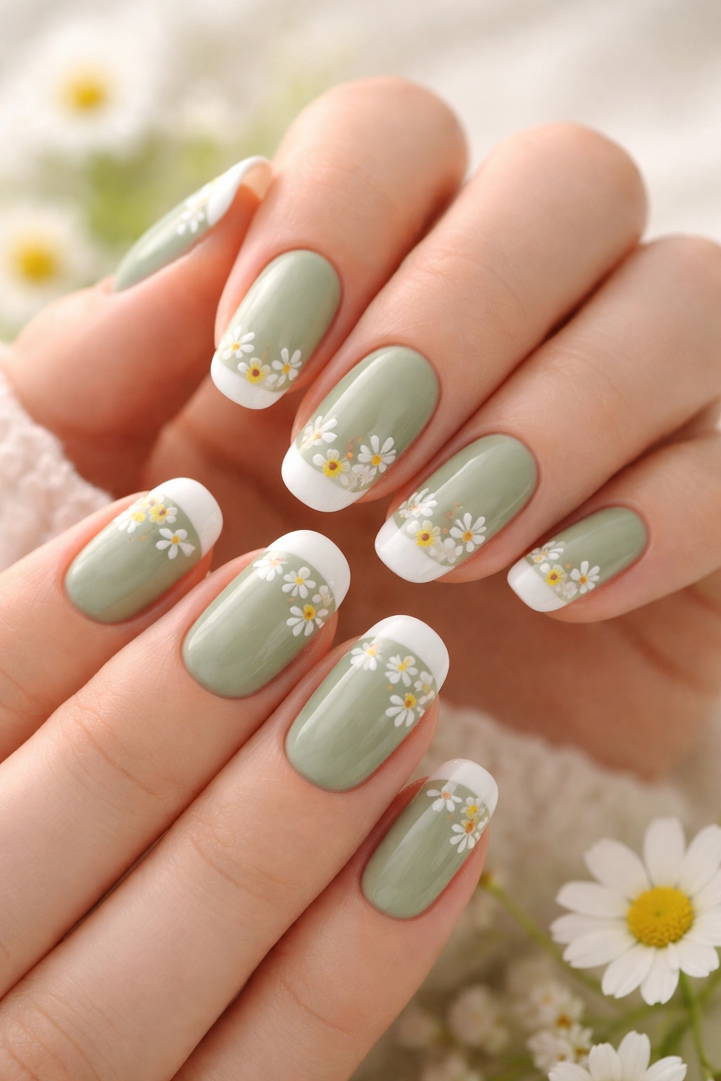 Close-up of sage green nails with white tips and tiny daisies.