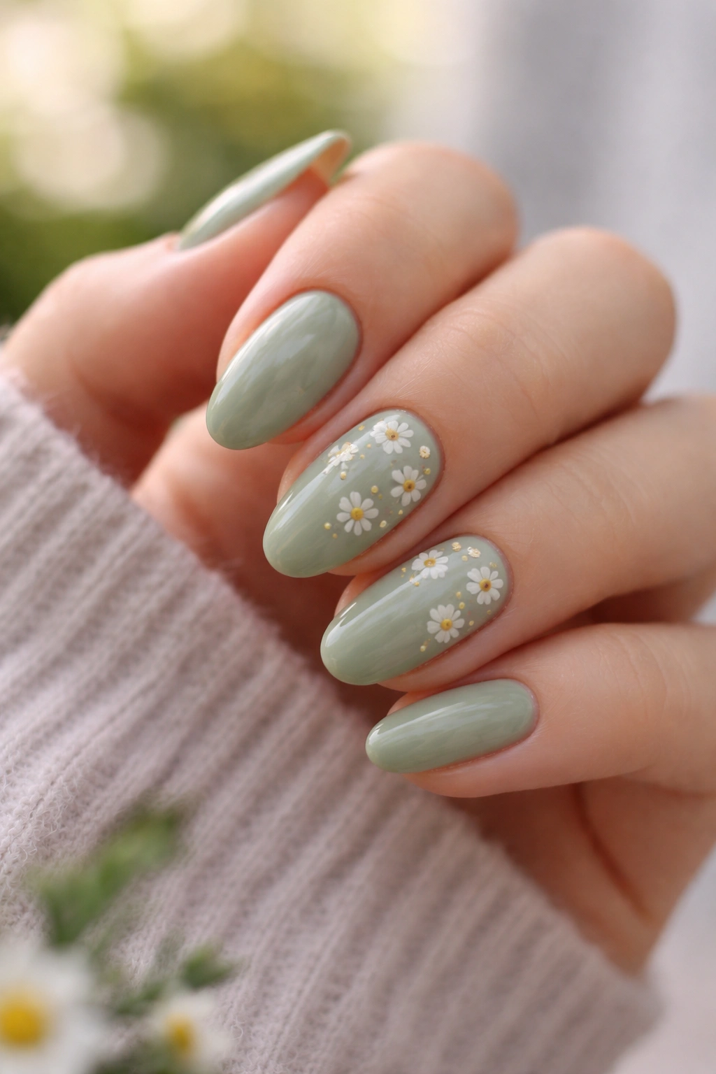 Sage green almond nails with micro daisies