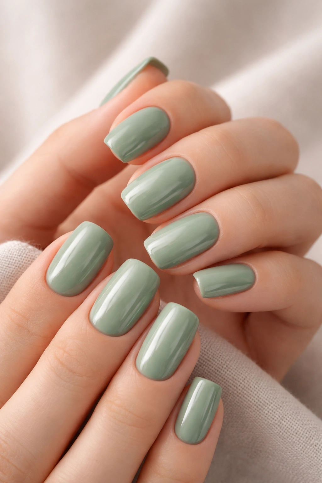 Close-up of sage green dip powder nails with opaque finish